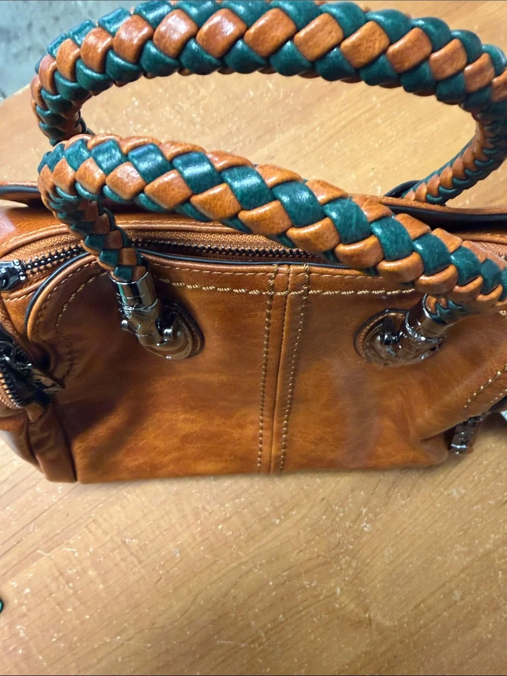 Women's Braided Handle Satchel Handbag - Tan